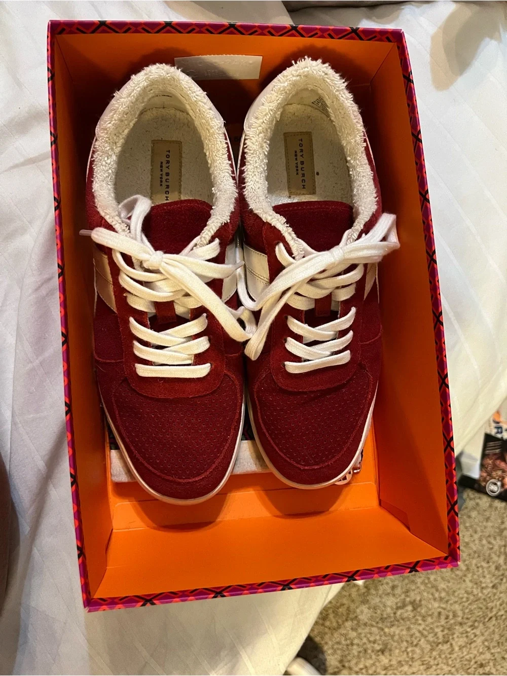 Tory Burch Red Suede Sneakers with White Trim